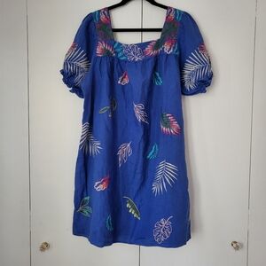Johnny Was Kaluhi Puff Sleeve Tunic Dress Blue Linen Embroidered Boho XL